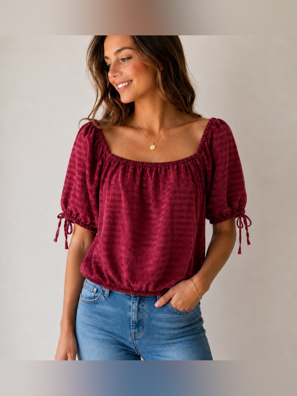 EXPRESS Lightweight Textual Burgundy Square-Neck Puffy Sleeve Crop Top